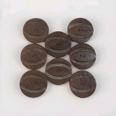Vintage 2-Hole Brown Early Carved Plastic Sew-Through Buttons 35mm Rare Set Of 8 - Image 1 of 4