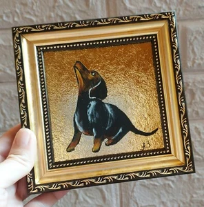 Pintura Dachshund original enmarcada pintura perro negro hoja de oro cachorro pintura - Imagen 1 de 13
