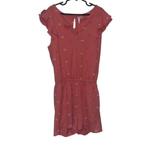 Girls Coral Bike-Print Romper With Flutter Sleeves & Button Keyhole Back - Picture 1 of 8
