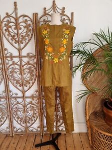 Vintage two piece raw silk Indian 50s 60s tric trac tunic dress trousers S