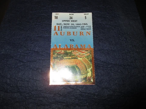 Vintage November 20, 1993 Auburn Tigers v. Alabama football ticket - ORIGINAL Cover