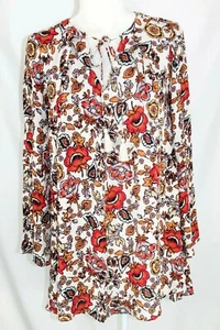 NWOT Grace Womens Small Floral LS Tie V Neck Cool Thin Rayon BOHO Hippie Tunic - Picture 1 of 6