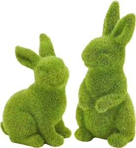 2 PCS Moss Bunny Decorative Figurines Flocked Resin Easter Bunny Decor Green Mos - Picture 1 of 12