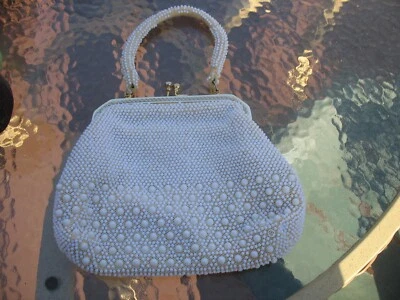 VTG Mid Century Beaded Cream Purse Bag Gold Tone Clasp Hand Made in Hong Kong - Image 1 of 4