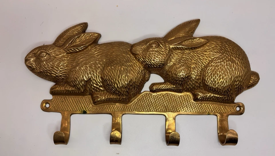 "Llavero vintage colgante de pared de conejo de latón 4 ganchos de 11"" de largo" Foto 1 de 4