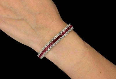 14k White Gold Plated 20Ct Princess Cut Lab-Created Ruby Tennis Bracelet Men's - Image 1 of 4