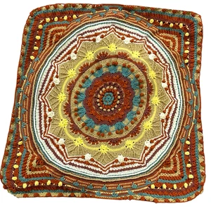 Vintage Handmade Crochet 3D Afghan Throw Blanket Autumn Harvest Cabin 45x45 - Picture 1 of 9