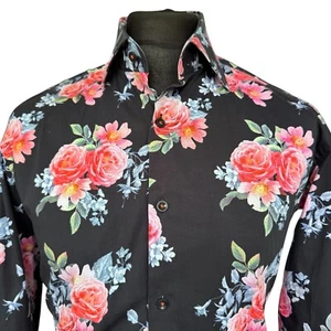 HAWES & CURTIS Shirt Mens MEDIUM (40") Long Sleeve Black with Rose Print - Picture 1 of 12