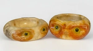 Vintage Alabaster Owl Ashtrays Yellow Glass Eyes Collectable Stone Germany Rare - Picture 1 of 10