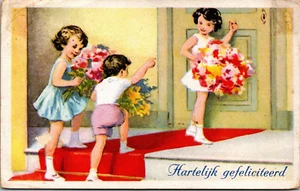 Feliz Cumpleaños Niño y Niña con Ramos de Flores Postal Vintage B159 - Imagen 1 de 2