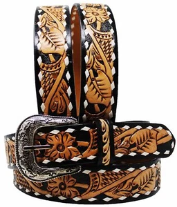 Western Floral Tooled Buckstitch Leather Belt 26FK16N - Picture 1 of 41