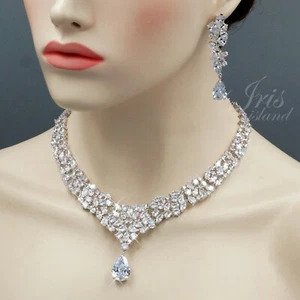 Set gioielli da sposa matrimonio zirconi trasparenti collana orecchini pendenti 06487 - Foto 1 di 8