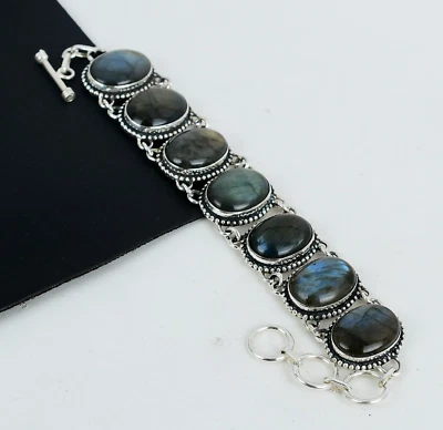 Bracciale In Labradorite Naturale In Argento Sterling 925 Per Regali - Immagine 1 di 4