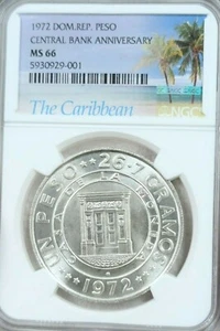 1972 DOMINICAN REPUBLIC SILVER 1 PESO CENTRAL BANK ANNIVERSARY NGC MS 66 GEM - Picture 1 of 3