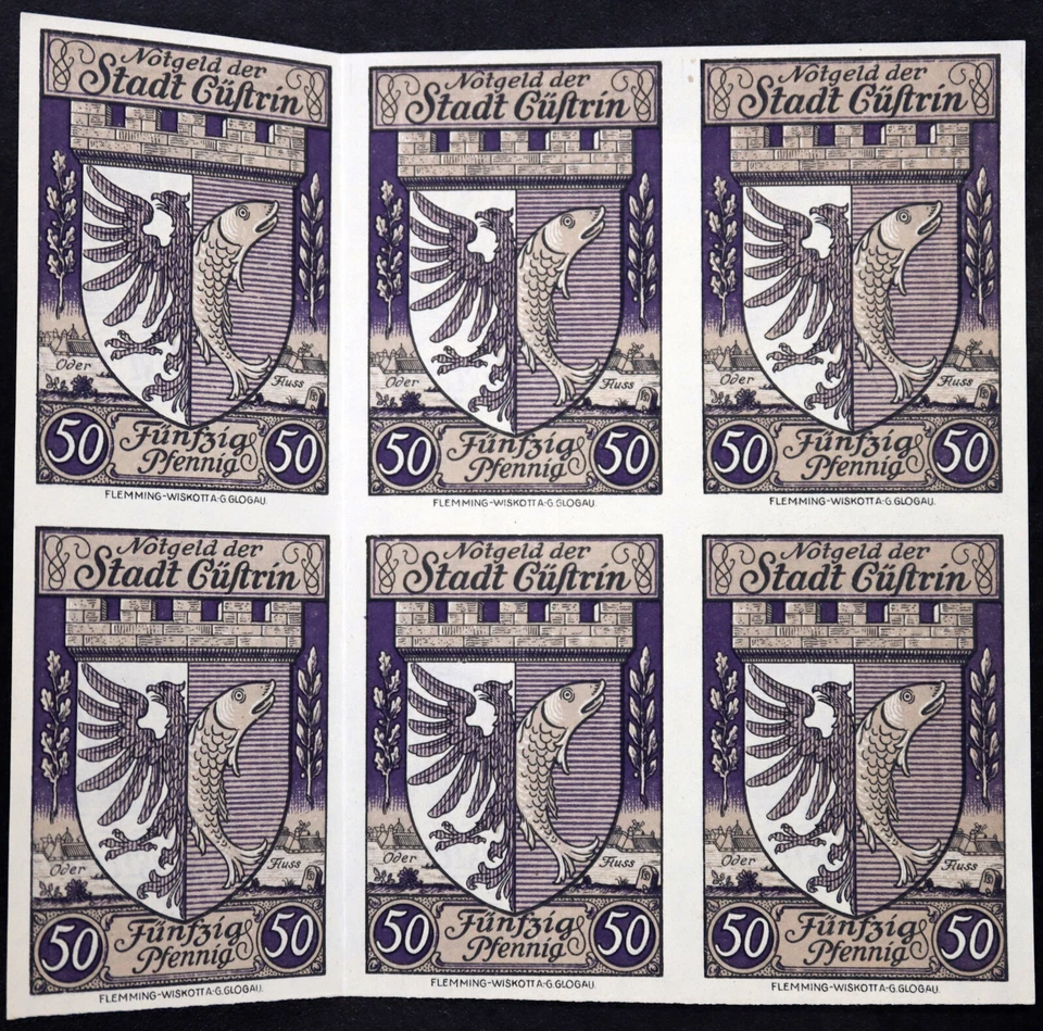 CÜSTRIN / KOSTRZYN 1921 XX-RARO 6 piezas ESPECIMEN HOJA SIN CORTAR Alemán Notgeld Polonia Foto 1 de 2