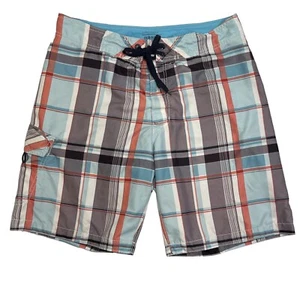 Vintage OLD NAVY Men's Plaid Swim Trunks Board Shorts Size Medium Grey Blue Pckt - Picture 1 of 11