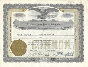 1951 Delaware New Jersey Ferry Company Stock Certificate - Picture 1 of 2