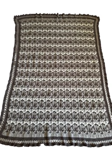 Handmade Crochet Afghan Throw Textured Bobble Chevron Border Brown Beige - Picture 1 of 13