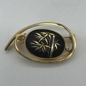 Damascene Ami Brooch Bamboo Japanese Black Gold Tone Vintage - Picture 1 of 15