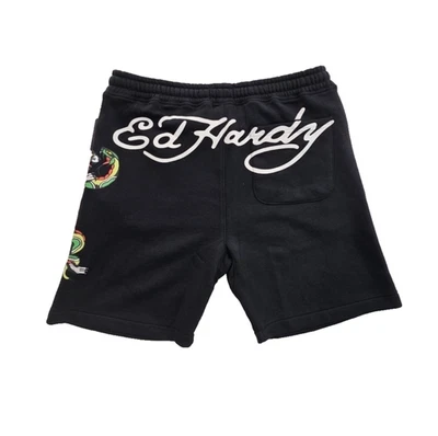 Ed Hardy Fleece 签名涂鸦短裤男式 L 大号黑色弹性全新带标签 7 英寸内缝 — 第 1/4 张图片