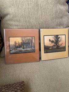 Juego de 2 remaches de cerámica escenas de otoño e invierno azulejos de arte de cerámica - Imagen 1 de 6