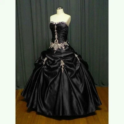 Black Gothic Satin Wedding Dresses Sweetheart Ruching Gold Lace Bridal Gown - Image 1 of 4