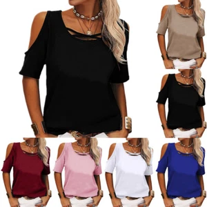 Womens Blouse Ladies T Shirt Summer Pullover Tops Cold Shoulder Spring Tee - Picture 1 of 14