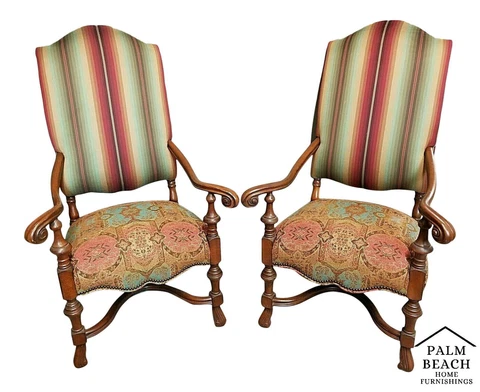 Pair of Antique 1930's French Louis XIV Style Carved Throne Armchairs Cover
