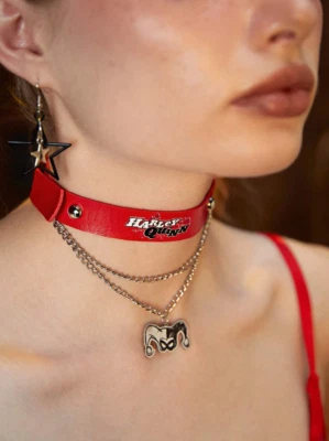 Lindo disfraz punk de cadena Harley Quinn para mujer cuello rojo gargantilla Foto 1 de 4