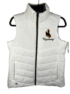 Chaleco acolchado blanco cremallera completa Wyoming Cowboys NCAA para mujer talla mediana nuevo con etiquetas Holloway - Imagen 1 de 11