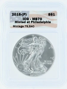 2015-P Silver Eagle ICG MS70 S$1 Flag Tag Minted at Philadelphia - Picture 1 of 3