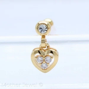 SIMULATED DIAMOND LOVE HEART DANGLE 14CT YELLOW GOLD IP LABRET CARTILAGE STUD - Picture 1 of 4
