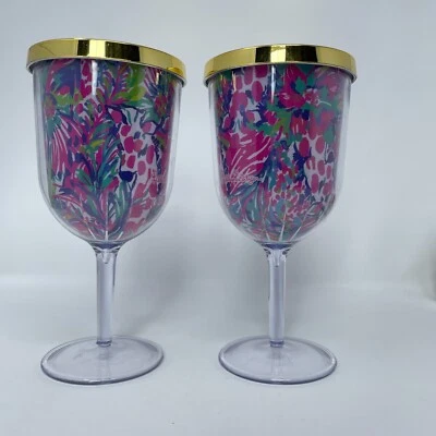 Lilly Pulitzer Set of 2 Sip Sip Lidded Cups Gumbo Limbo Wine Glasses NO STRAWS - Image 1 of 4