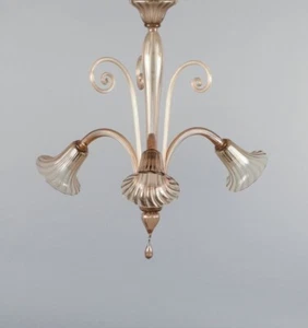 Murano, elegant Art Deco ceiling lamp in mouth-blown glass, three bulbs. - Picture 1 of 9