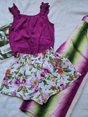 Janie & Jack Girls Tropical Summer 4 Piece Wide Leg Pant Short Set ~ 8 - Image 1 of 4