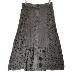 Y2K Boho India Rayon Skirt Large Olive Green Embroidered Button Front Hippie - Picture 1 of 5