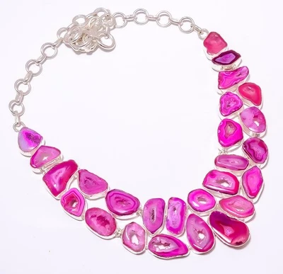 Pink Geode Agate Drusy 925 Sterling Silver Handmade Necklace 17.99" N1596-3 - Image 1 of 4