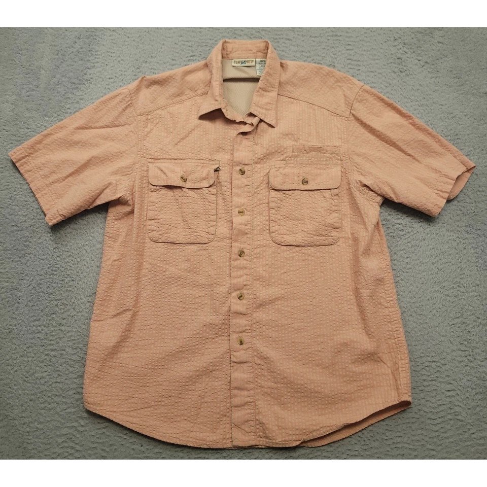 Camisa TravelSmith Para Hombres L Manga Corta Con Botones Campamento de Pesca Melocotón Rayas Foto 1 de 4