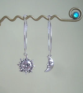 Sun and Moon Face Charm Silver Plated Hoop Earrings in Gift Bag - New Age Retro - Picture 1 of 6