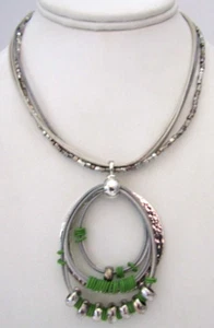 Chico's Silver Tone Green Cord Hammered Beaded Oval Pendant Cord Necklace 18" TL - Picture 1 of 6