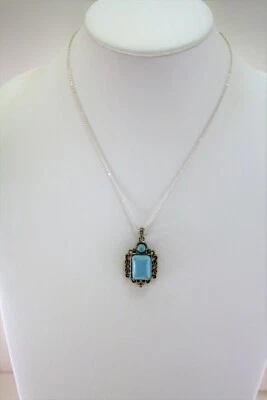 Silver plate antiqued rect/round turquoise pendant st. steel chain necklace  - Image 1 of 2