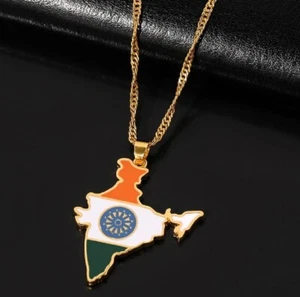 Republic of India Map Flag Gold Necklace Pendant & Chain UK Shop - Picture 1 of 8