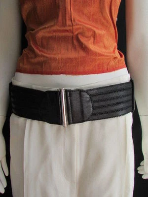 CLASSIC WOMEN WAIST HIP BLACK CUT OUT STRIPES WIDE ELASTIC FAUX LEATHER BELT S M - Image 1 of 4