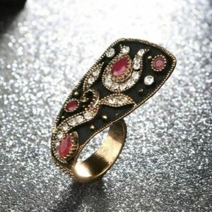 Vintage Red Enamel Unique Antique Gold Ethnic Ring - Size 7 - Picture 1 of 3