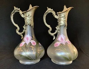 DAUM NANCY JUGENDSTIL EWER (2) EMAILLIERTES & VERSILBERTES GLAS UM 1893-1895 - Bild 1 von 16