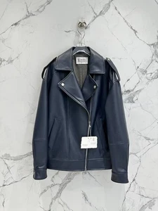 Brunello Cucinelli Oversized Lamb Leather Biker Jacket Blue Zip Size L - Picture 1 of 8