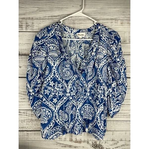 Panama Jack Blue Paisley Print Linen Top Womens Large Tassels Puff Sleeves Beach - Picture 1 of 9