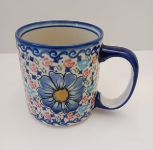Blue Floral Unikat Ceramic Polish Coffee Mug Cup Poland Signed Boleslawiec - Picture 1 of 6