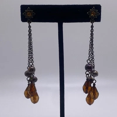 Boho Style Amber Colored Rhinestone Freshwater Pearl Bronze Tone Dangle Earrings - Image 1 of 4