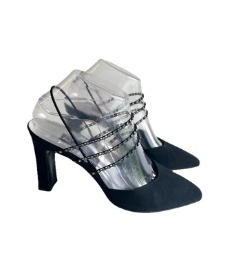 Stuart Weitzman Black Satin Rubber Glitter Stone Heels size 7.5 - Image 1 of 4